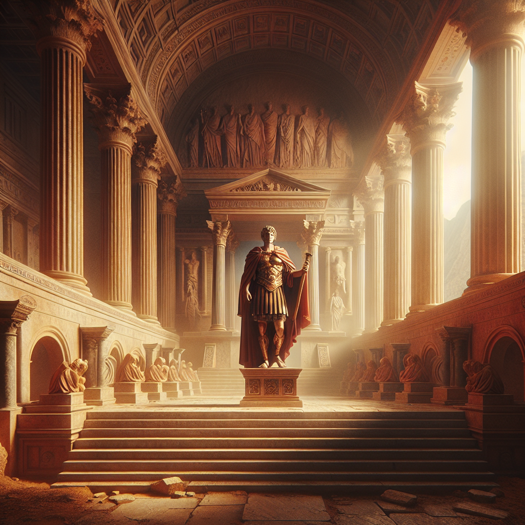 Marcus Aurelius in Roman imperial attire holding a scroll symbolizing his Meditations, with ancient Greek architectural elements in the background symbolizing the roots of Stoicism, painted in a cinematic 1960s epic style.