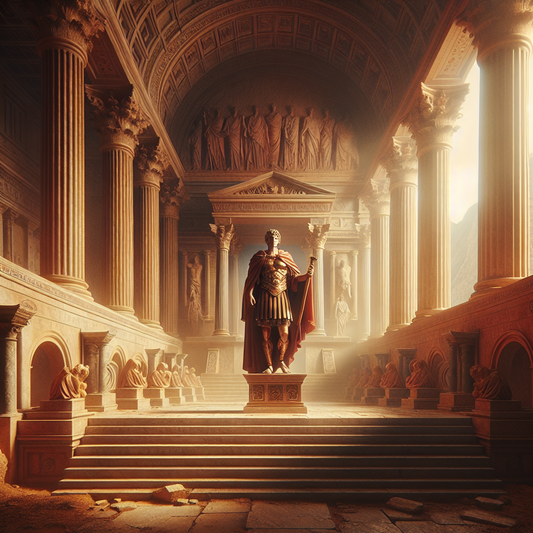 Marcus Aurelius in Roman imperial attire holding a scroll symbolizing his Meditations, with ancient Greek architectural elements in the background symbolizing the roots of Stoicism, painted in a cinematic 1960s epic style.