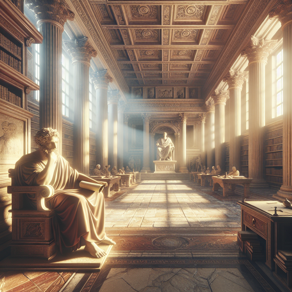 Marcus Aurelius in his Roman study, reflecting in a serene, timeless setting, styled like a 1960s historical epic.