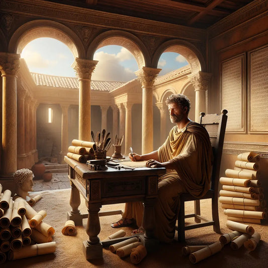Marcus Aurelius in ancient Rome thoughtfully writing Meditations surrounded by scrolls and classical Roman architecture in warm daylight.