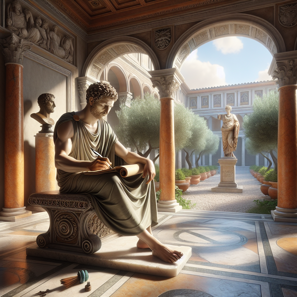 Marcus Aurelius in a Roman study, writing his Meditations surrounded by symbols of resilience and leadership, bathed in warm daylight with classical Roman architecture in the background.