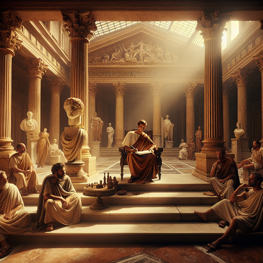 Marcus Aurelius seated in a marble Roman courtyard writing in his journal, surrounded by columns and symbols of Stoicism, rendered in a warm, cinematic 1960s epic painting style.