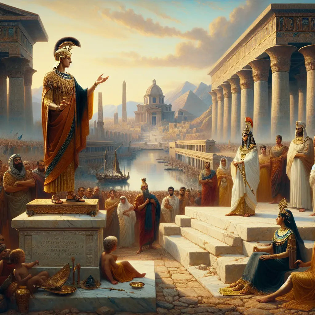 Marcus Aurelius in philosophical robes and Cleopatra in regal Egyptian attire, standing heroically with the Roman Forum and Nile pyramids in a warm, cinematic historical painting style.