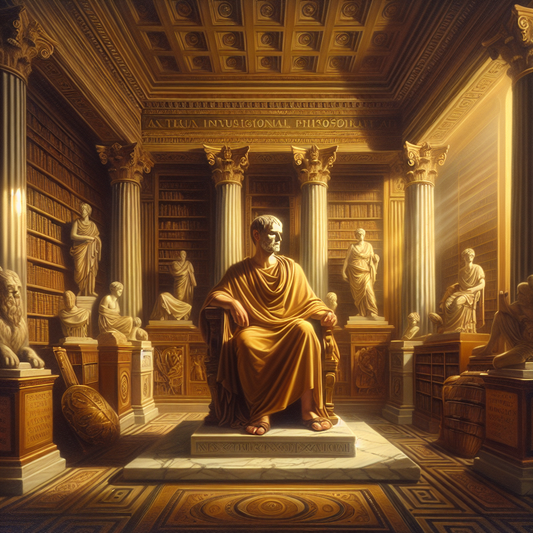 Portrait of Marcus Aurelius, Roman Emperor and Stoic philosopher, seated among ancient scrolls and Roman classical symbols, painted in a warm, thoughtful style.