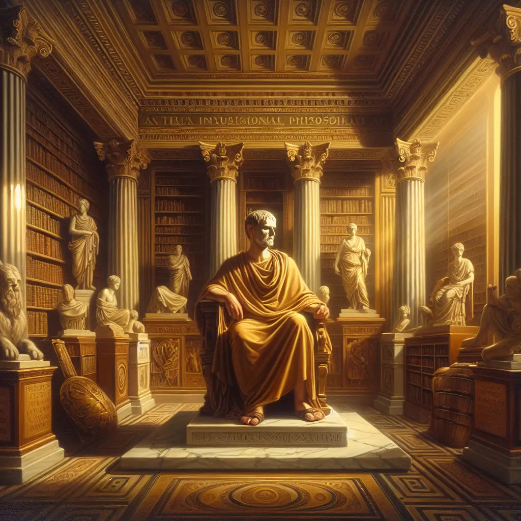 Portrait of Marcus Aurelius, Roman Emperor and Stoic philosopher, seated among ancient scrolls and Roman classical symbols, painted in a warm, thoughtful style.