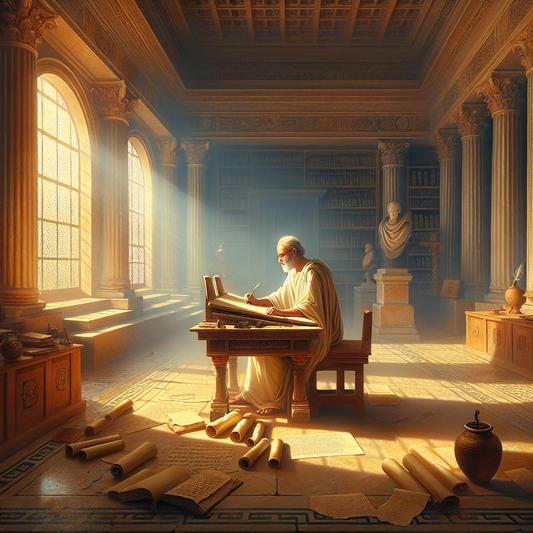 Marcus Aurelius in a quiet ancient Roman study, writing his Meditations by natural light, surrounded by scrolls and stoic symbols, painted in the style of 1960s historical epics.
