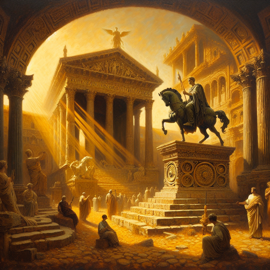 Equestrian statue of Marcus Aurelius with calm, thoughtful expression in an ancient Roman forum, surrounded by allegories of Stoic virtues, depicted in a cinematic 1960s painting style.