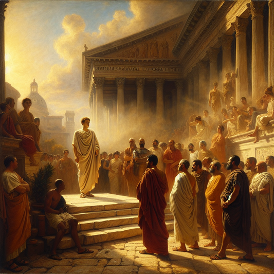 Marcus Aurelius calmly addressing a diverse group of emotionally troubled Roman citizens in a serene forum setting, styled as a realistic 1960s historical epic painting.