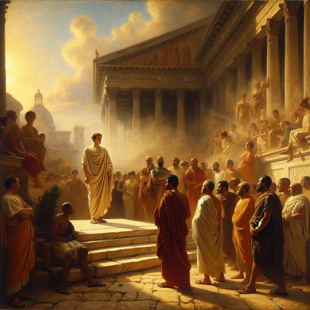 Marcus Aurelius calmly addressing a diverse group of emotionally troubled Roman citizens in a serene forum setting, styled as a realistic 1960s historical epic painting.