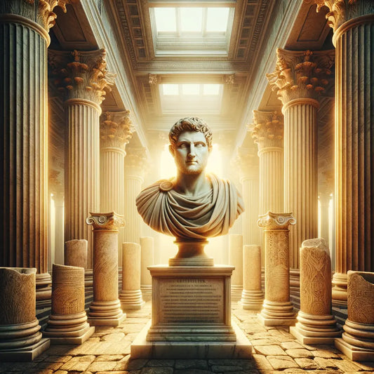Marble bust of Marcus Aurelius surrounded by Roman columns and scrolls, in a style reminiscent of 1960s historical epic films.