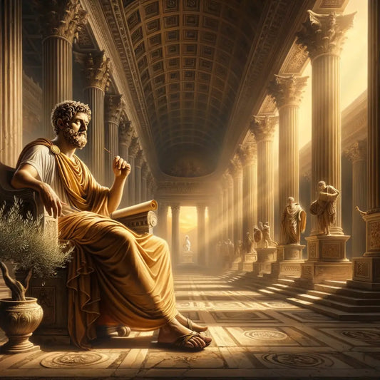Marcus Aurelius, dressed in a toga, sits contemplatively in an ancient Roman forum, with symbols of Stoic philosophy around him, inspired by 1960s historical epic styles.