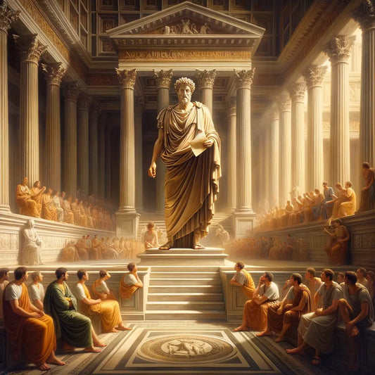 Regal depiction of Marcus Aurelius as a philosopher and emperor, against a backdrop of ancient Roman architecture, inspired by 1960s historical epic films.