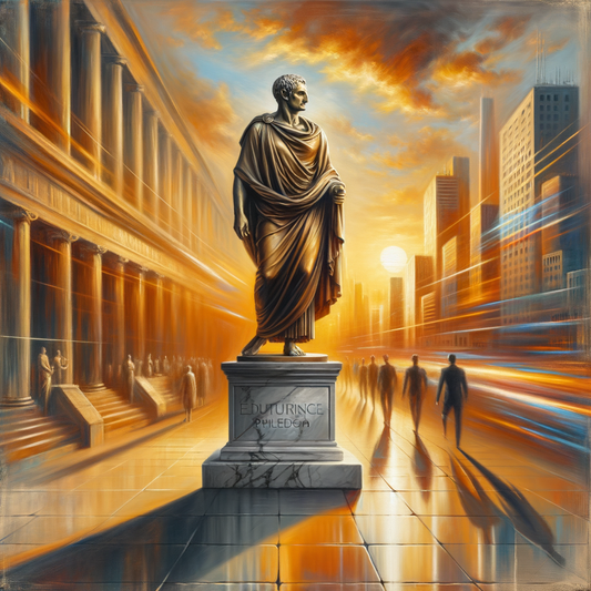Statue of Marcus Aurelius in front of a dynamic cityscape, symbolizing the fusion of ancient wisdom and modern life, inspired by classic 1960s historical film style.
