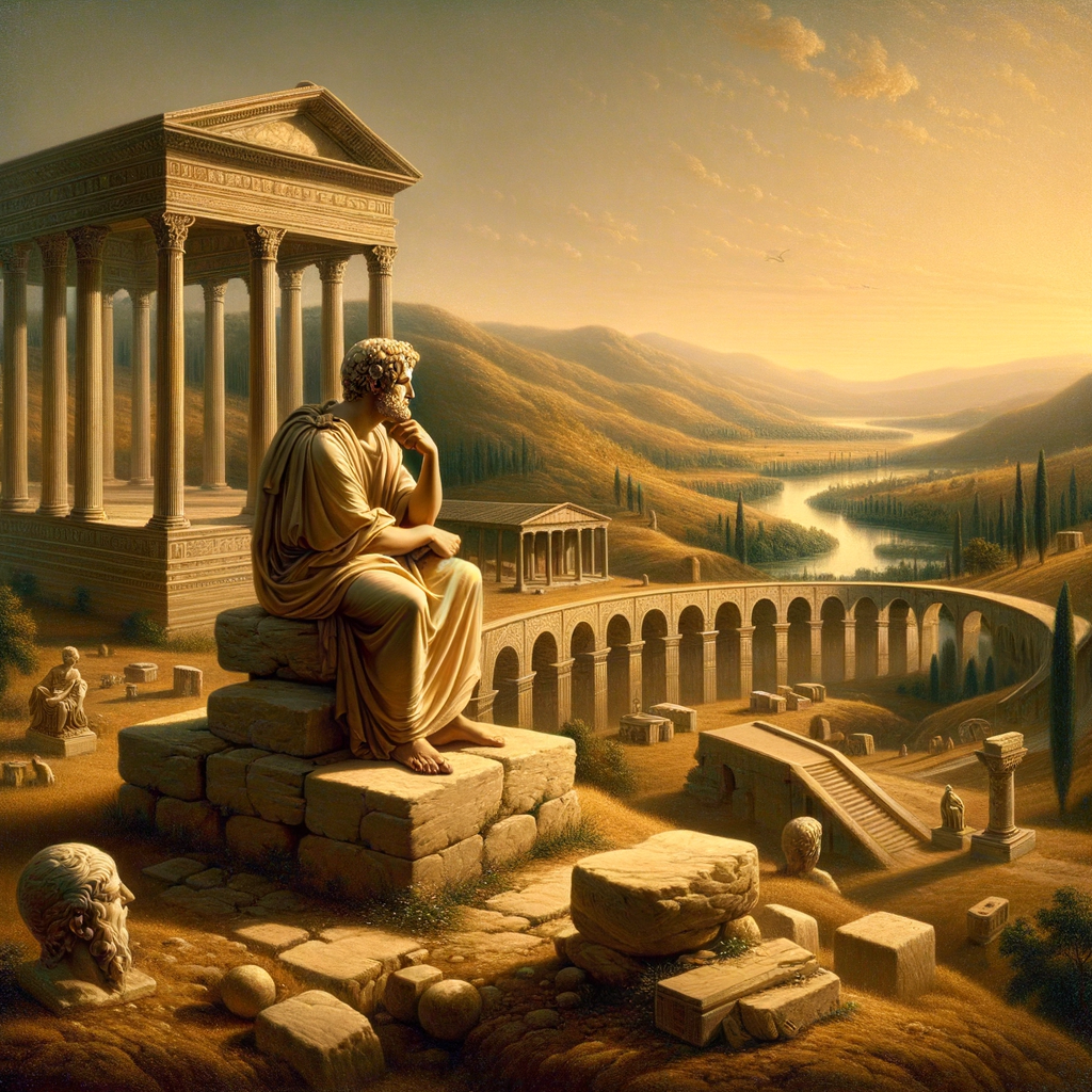 Marcus Aurelius in a contemplative pose amidst serene Roman architecture, symbolizing Stoic wisdom bridging to modern mindfulness.