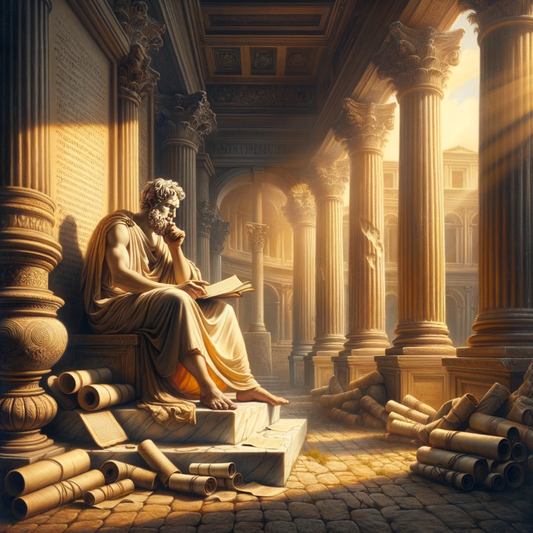 An ancient Roman philosopher in a toga meditates among scrolls against a classic Roman cityscape, rendered in a 1960s historical film style.