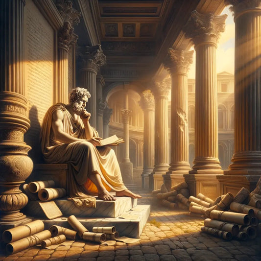 An ancient Roman philosopher in a toga meditates among scrolls against a classic Roman cityscape, rendered in a 1960s historical film style.