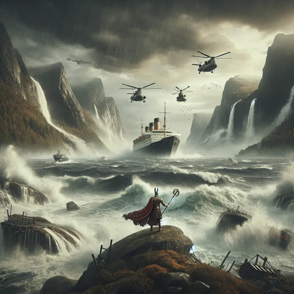 Dramatic maritime rescue operation of a cruise ship amidst stormy Norwegian seas with helicopters hovering overhead, painted in a 1960s Roman historical epic style.