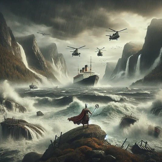 Dramatic maritime rescue operation of a cruise ship amidst stormy Norwegian seas with helicopters hovering overhead, painted in a 1960s Roman historical epic style.