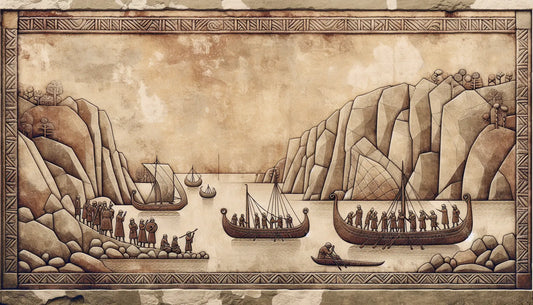 Fragment of ancient stone relief showing maritime motif of Germanic tribes with brick red lines on natural stone background