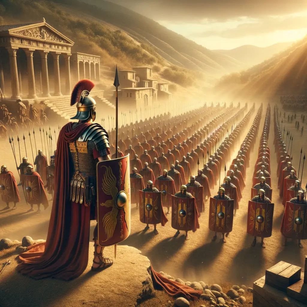 Roman soldiers in formation on a battlefield, led by an officer, with shields and weapons, evoking classic 1960s historical films.