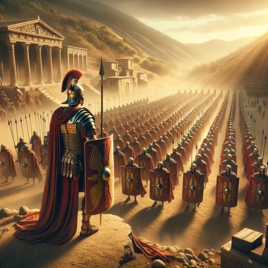 Roman soldiers in formation on a battlefield, led by an officer, with shields and weapons, evoking classic 1960s historical films.