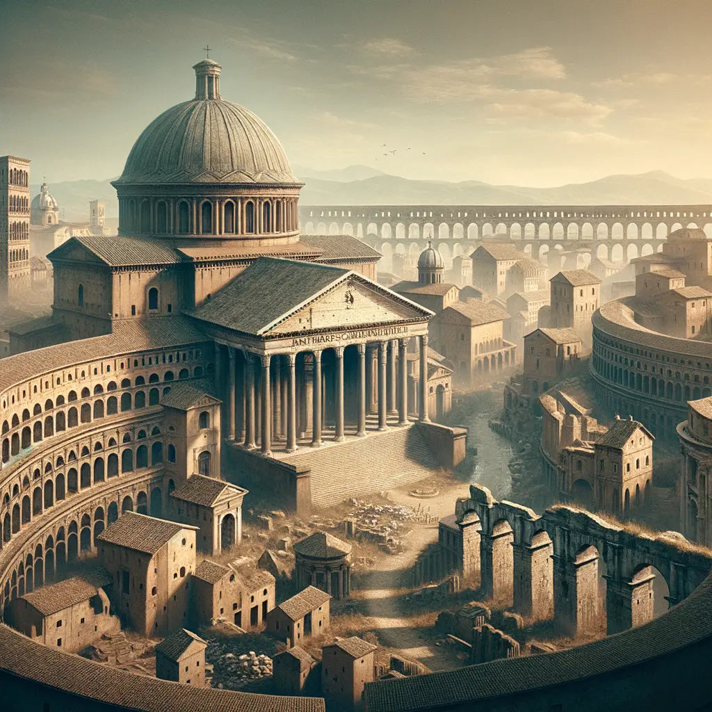 Epic painting of an ancient Roman cityscape with grand arches, a Pantheon-like dome, and aqueducts, in the style of 1960s historical films.