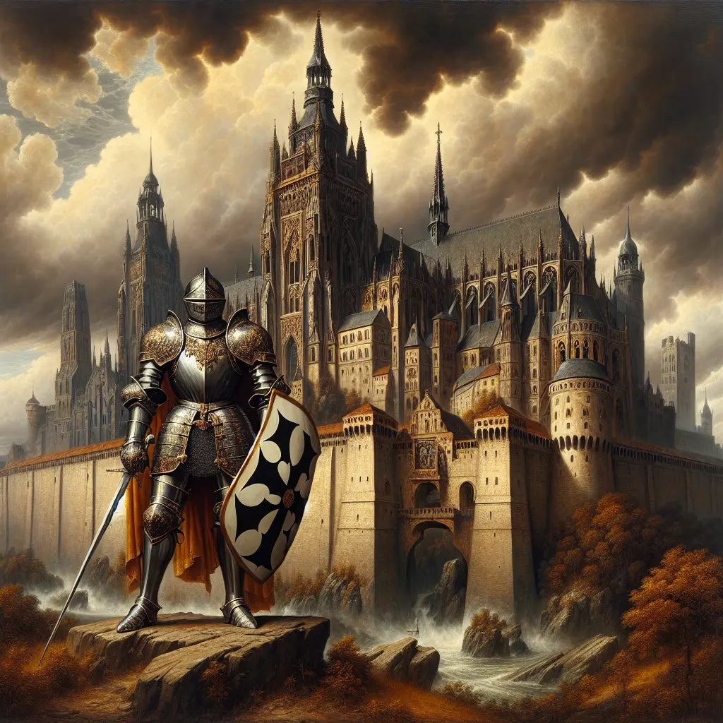 Medieval German knight in shining armor holding a shield with the Teutonic cross, standing before a gothic castle under a cloudy sky in a cinematic painting style.