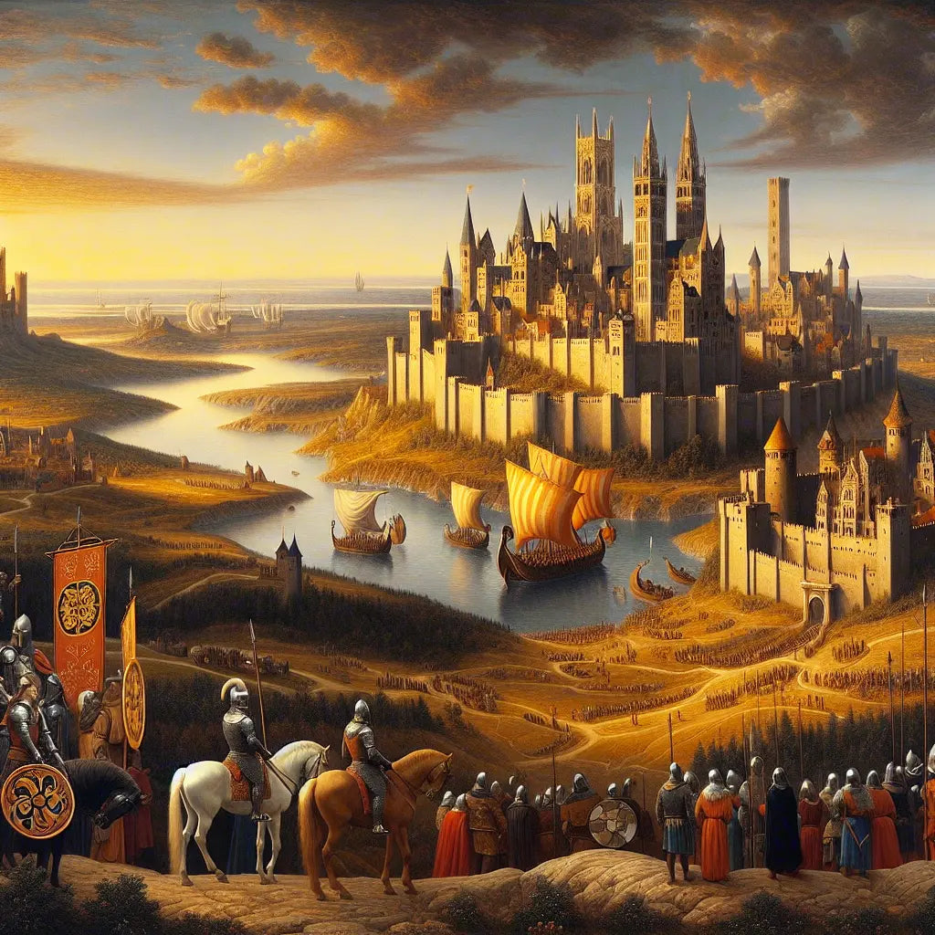 Medieval European map highlighting the Holy Roman Empire with castles and knights, Viking longship sailing along Northern coasts, rendered in cinematic 1960s historical epic style.