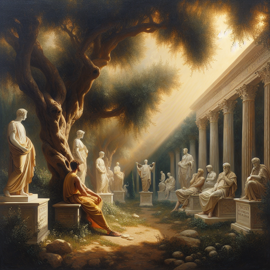 A modern person meditating peacefully in a sunlit Roman garden, with semi-transparent images of stoic philosophers Marcus Aurelius, Epictetus, and Seneca subtly present in the background, blending ancient wisdom with modern life.