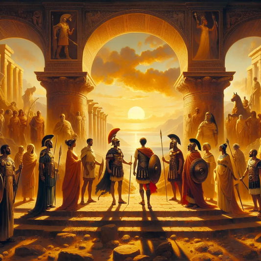 Artistic depiction of ancient Mediterranean peoples including Macedonians, Romans, and Egyptians gathered under a warm sunlit sky, showcasing shared heritage and Mediterranean skin tones in a cinematic historical painting style.