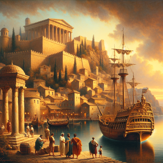 Elegant Roman-style cruise ship sailing near an ancient stone fortress at sunset along a peaceful Mediterranean village harbor, in the cinematic style of classic 1960s historical films.