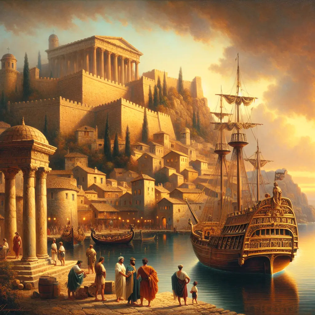 Elegant Roman-style cruise ship sailing near an ancient stone fortress at sunset along a peaceful Mediterranean village harbor, in the cinematic style of classic 1960s historical films.