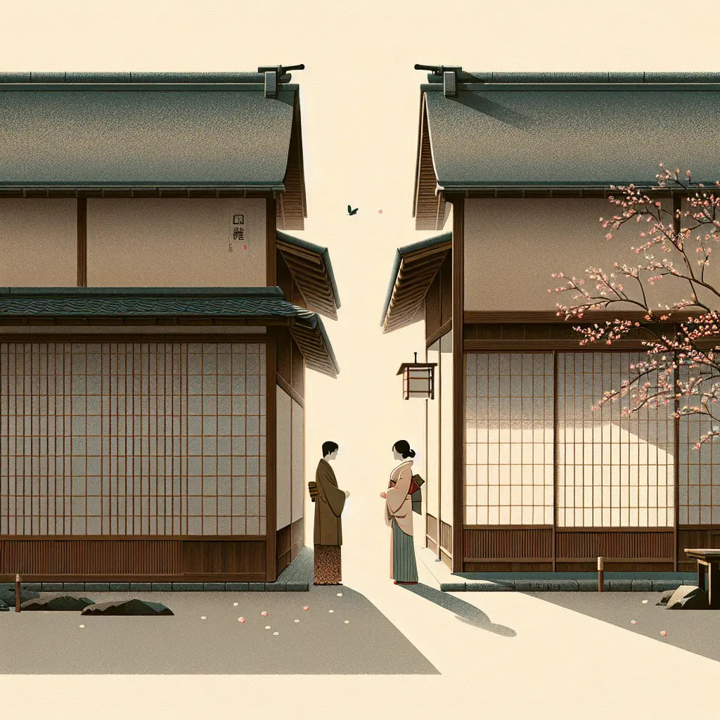Minimalist portrayal of two figures on a Meiji-era Japanese street, one in traditional kimono and the other in early Western clothing, symbolizing cultural change with soft morning light and drifting cherry blossoms.