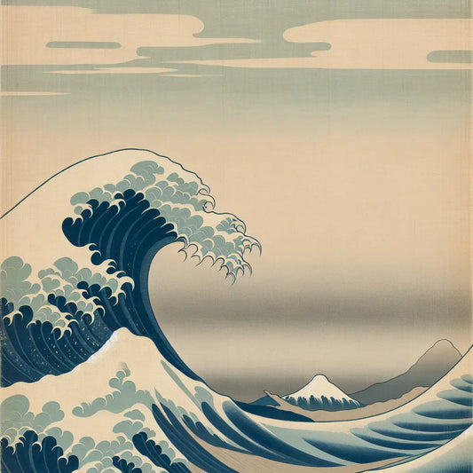 A minimalist Japanese-style depiction of a large ocean wave near Kanagawa coast under a calm, muted sky, inspired by Hokusai's Great Wave off Kanagawa, with soft brushstroke texture and balanced composition.