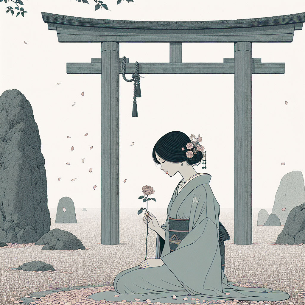 Minimalist elegant anime-inspired young woman in muted kimono holding a rose beneath a torii gate, surrounded by subtle traditional Japanese symbols and soft natural light.