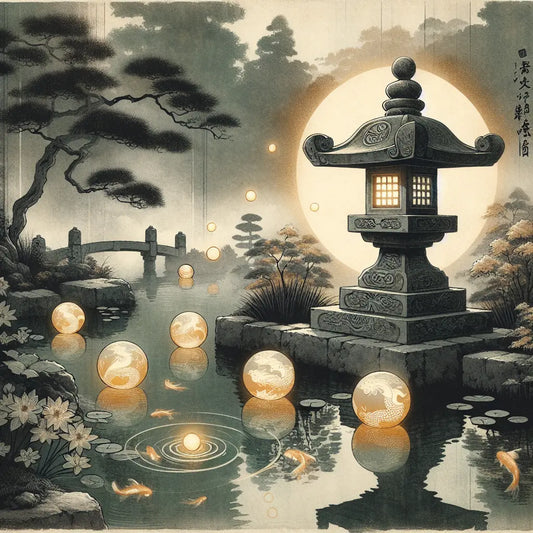 A serene Japanese stone lantern beside a koi pond at dawn, with softly glowing seven Dragon Balls floating above the water, blending traditional motifs and subtle mythical symbolism in muted tones.