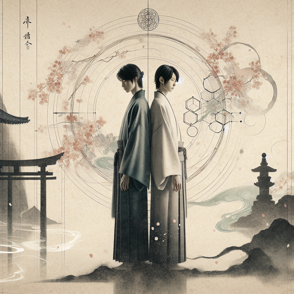 Minimalist traditional Japanese illustration of two brothers back to back surrounded by delicate alchemical symbols and soft mystical energy, symbolizing harmony and duality with serene atmosphere.