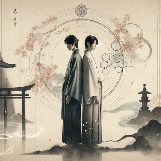 Minimalist traditional Japanese illustration of two brothers back to back surrounded by delicate alchemical symbols and soft mystical energy, symbolizing harmony and duality with serene atmosphere.