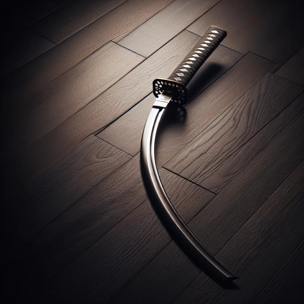 A traditional Japanese katana sword with a curved blade resting on a dark wooden surface, softly lit to show the hamon pattern symbolizing samurai heritage.