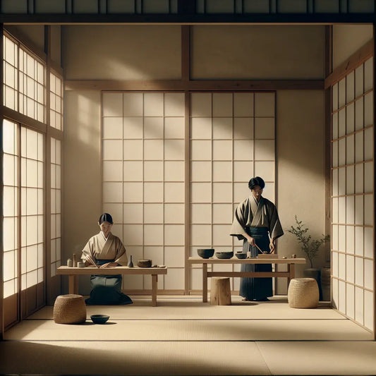 A quiet traditional Japanese kitchen scene with chefs calmly preparing food, bathed in soft morning light through shoji screens, minimalistic and serene.