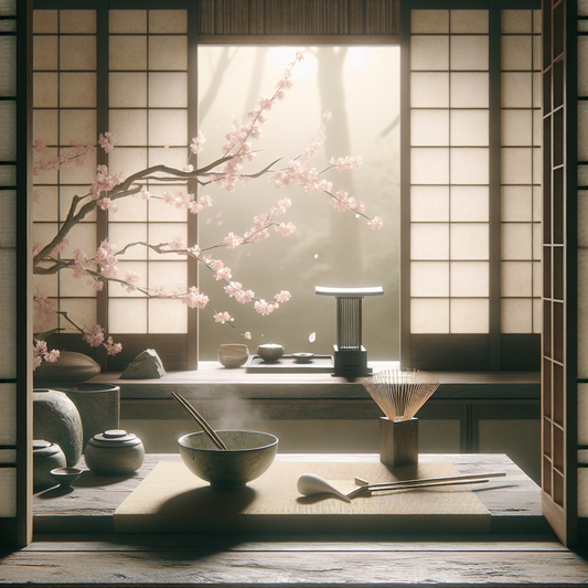 A tranquil traditional Japanese kitchen with soft morning light, a wooden counter holding a tea bowl and bamboo whisk, framed by a cherry blossom branch with falling petals — minimalist and serene.