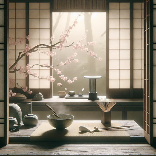A tranquil traditional Japanese kitchen with soft morning light, a wooden counter holding a tea bowl and bamboo whisk, framed by a cherry blossom branch with falling petals — minimalist and serene.