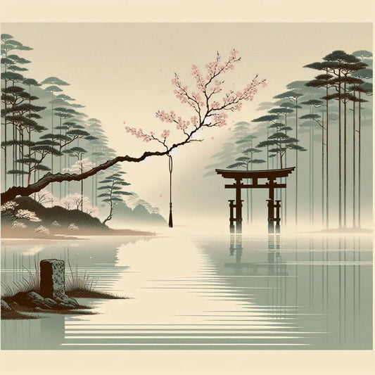 A serene traditional Japanese scene with a torii gate beside a calm pond and cherry blossoms drifting, rendered in a minimalist, muted palette reflecting timeless cultural beauty.