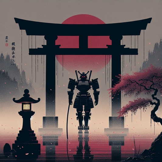 Minimalist Japanese-inspired artwork featuring a solitary sleek mecha beneath a glowing torii gate at dusk with falling sakura petals, symbolizing calm and psychological depth.