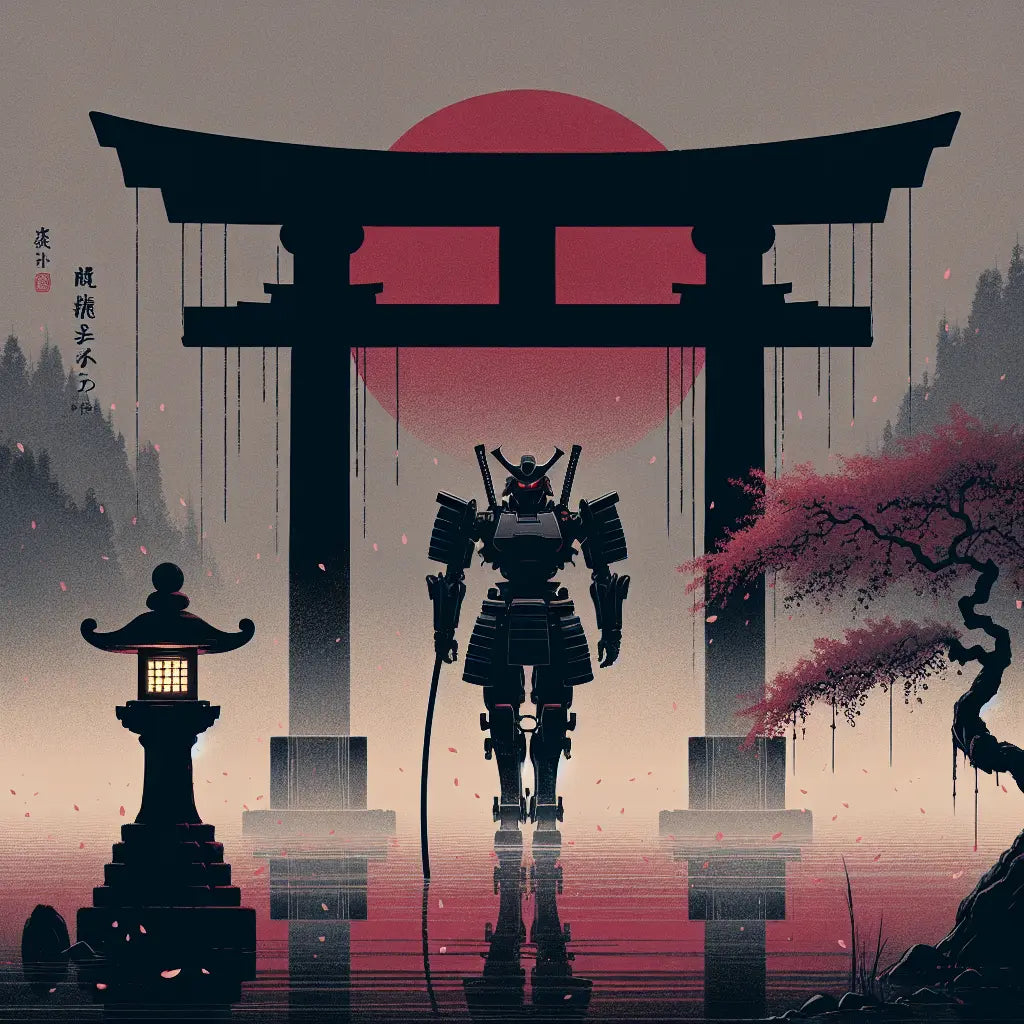 Minimalist Japanese-inspired artwork featuring a solitary sleek mecha beneath a glowing torii gate at dusk with falling sakura petals, symbolizing calm and psychological depth.