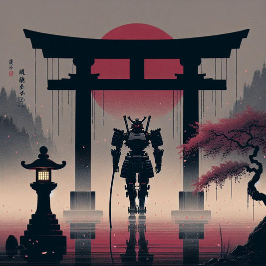 Minimalist Japanese-inspired artwork featuring a solitary sleek mecha beneath a glowing torii gate at dusk with falling sakura petals, symbolizing calm and psychological depth.