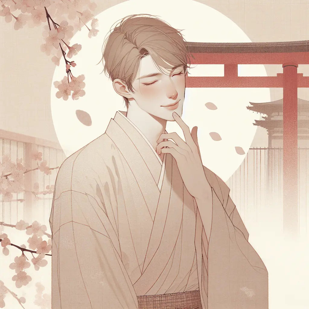 A serene minimalist Japanese-inspired illustration of a gentle figure with a subtle wink, soft pastel colors, and delicate cherry blossom motifs — blending innocence with quiet flirtation.