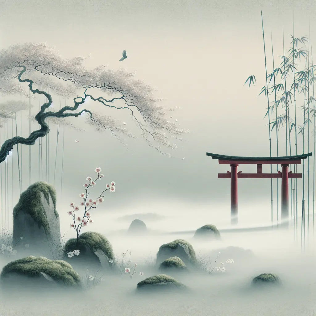 A solitary red torii gate enveloped in soft morning mist among moss and bamboo, minimalist and serene Japanese shrine scenery.