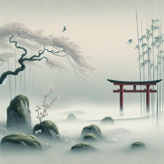 A solitary red torii gate enveloped in soft morning mist among moss and bamboo, minimalist and serene Japanese shrine scenery.