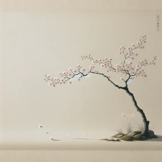 A delicate sakura branch with soft pink blossoms drifting petals against a calm rice paper beige background, minimalistic and serene in a traditional Japanese style.